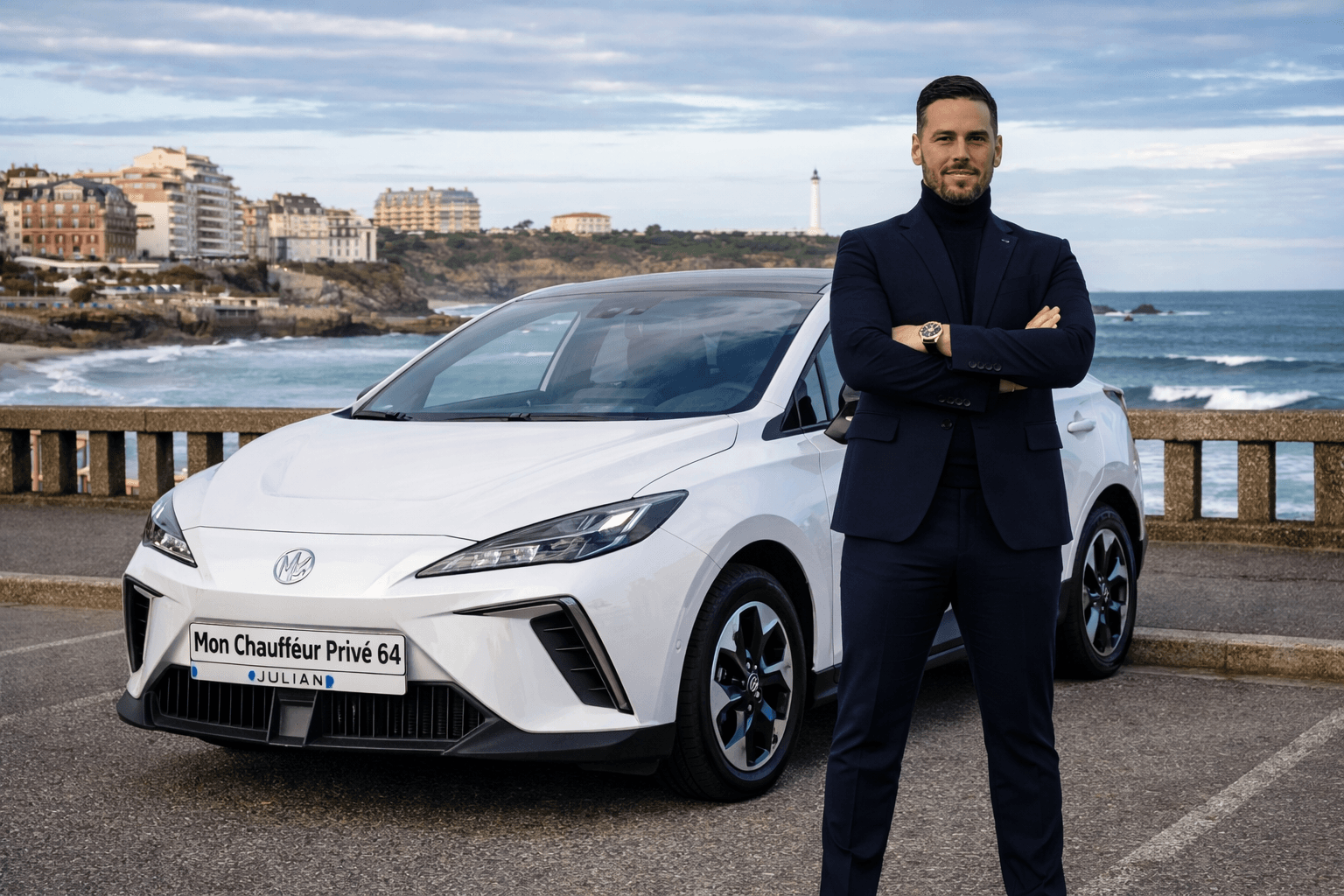 Chauffeur privé en costume posant devant sa voiture blanche sur la côte de Biarritz.